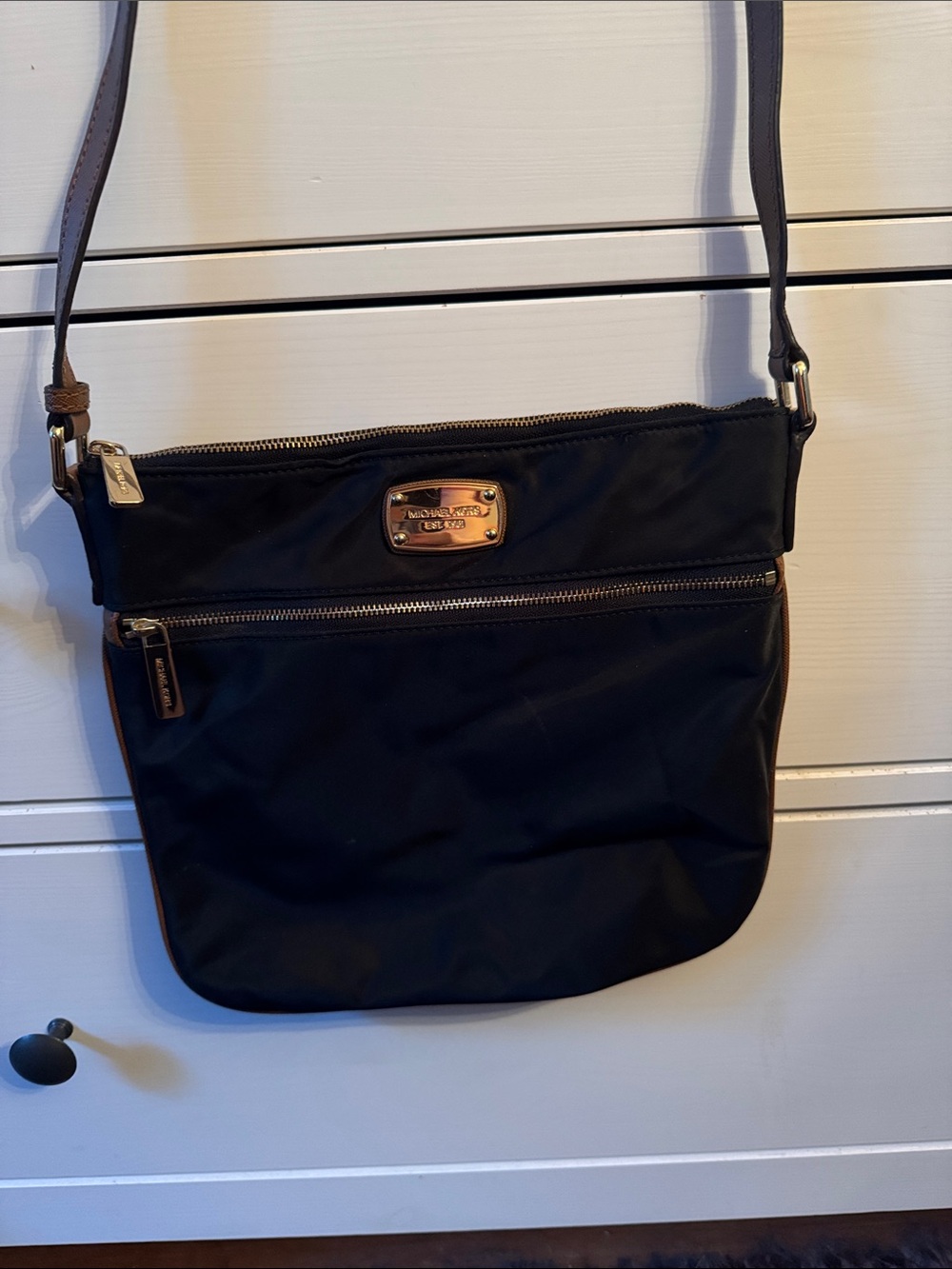 Michael Kors Black Nylon Crossbody with Gold Plaque